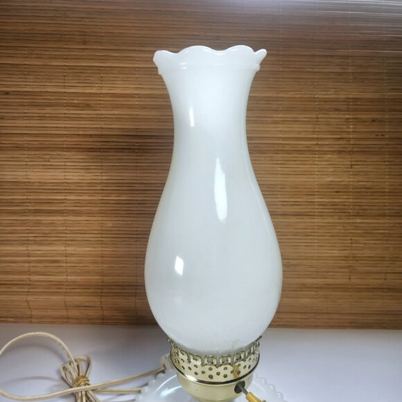Hurricane Lamp Vintage Electric White Milk Glass Floral Tabletop or Bedside Lamp - Picture 6 of 10